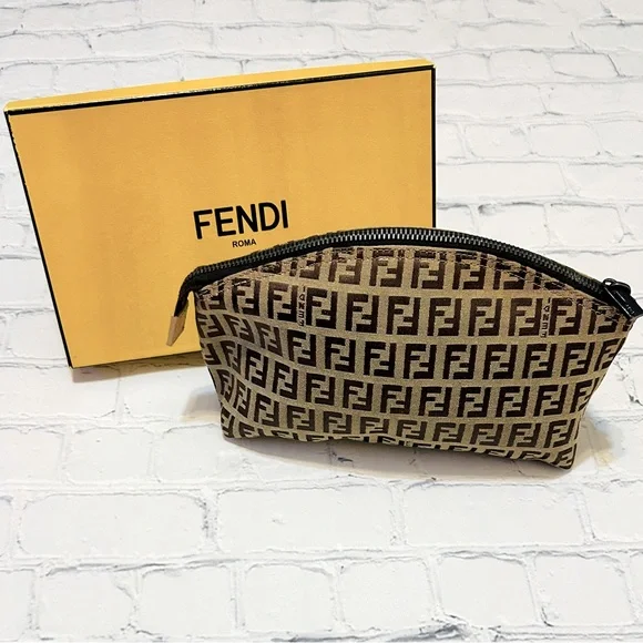 Fendi Zucca Brown Canvas Monogram Zipper Pouch & Fendi Box (EUC) - Picture 1 of 12